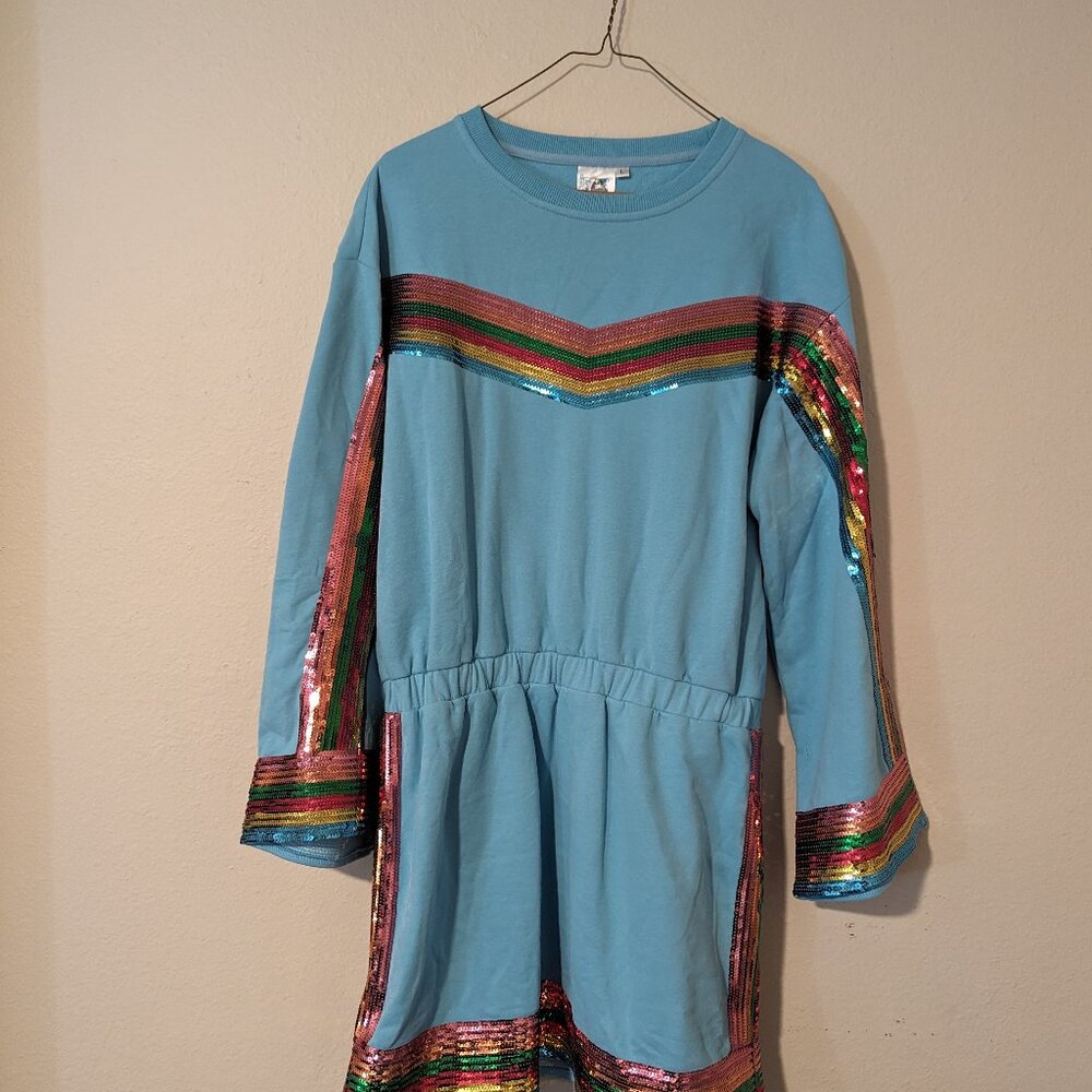 QOS Teal Rainbow Sequin Dress